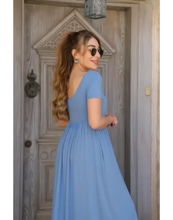 Kadın Kısa Kollu Yuvarlak Yaka önden Yırtmaçlı Cepli Viskon Uzun Elbise