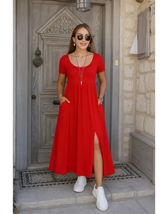 Kadın Kısa Kollu Yuvarlak Yaka önden Yırtmaçlı Cepli Viskon Uzun Elbise