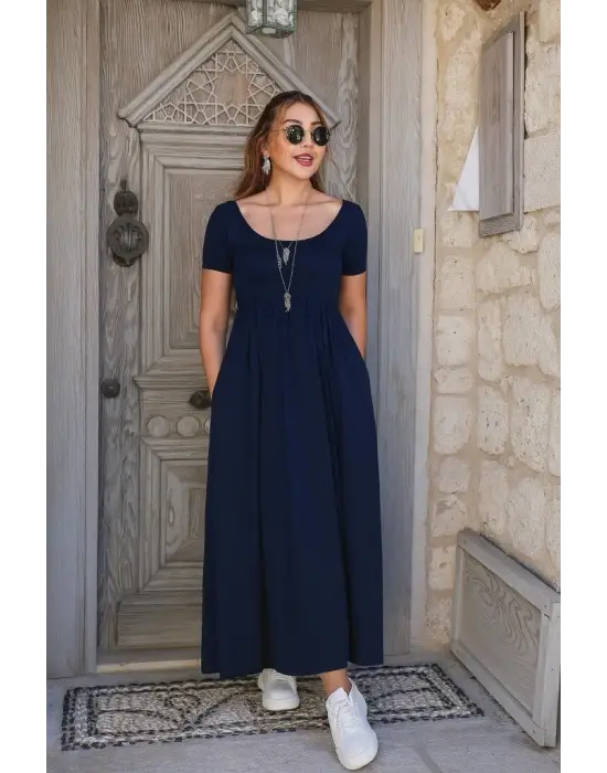 Kadın Kısa Kollu Yuvarlak Yaka önden Yırtmaçlı Cepli Viskon Uzun Elbise