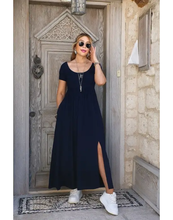 Kadın Kısa Kollu Yuvarlak Yaka önden Yırtmaçlı Cepli Viskon Uzun Elbise