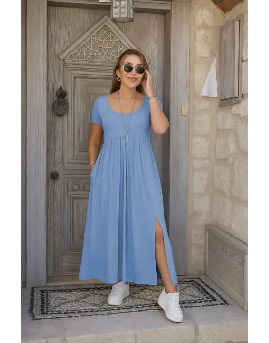 Kadın Kısa Kollu Yuvarlak Yaka önden Yırtmaçlı Cepli Viskon Uzun Elbise