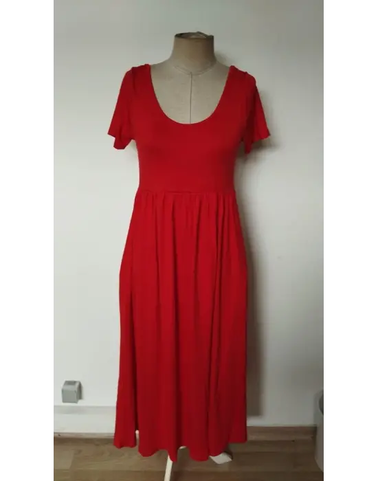 Kadın Kısa Kollu Yuvarlak Yaka önden Yırtmaçlı Cepli Viskon Uzun Elbise