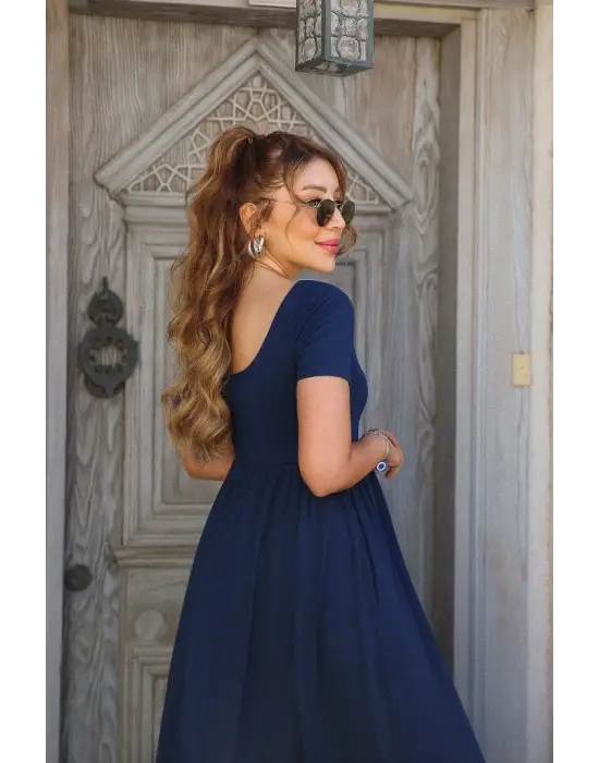 Kadın Kısa Kollu Yuvarlak Yaka önden Yırtmaçlı Cepli Viskon Uzun Elbise