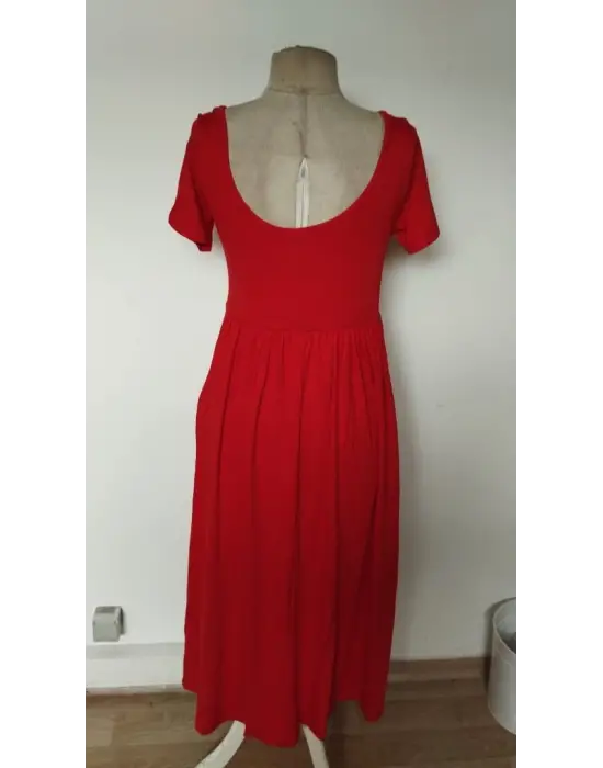 Kadın Kısa Kollu Yuvarlak Yaka önden Yırtmaçlı Cepli Viskon Uzun Elbise