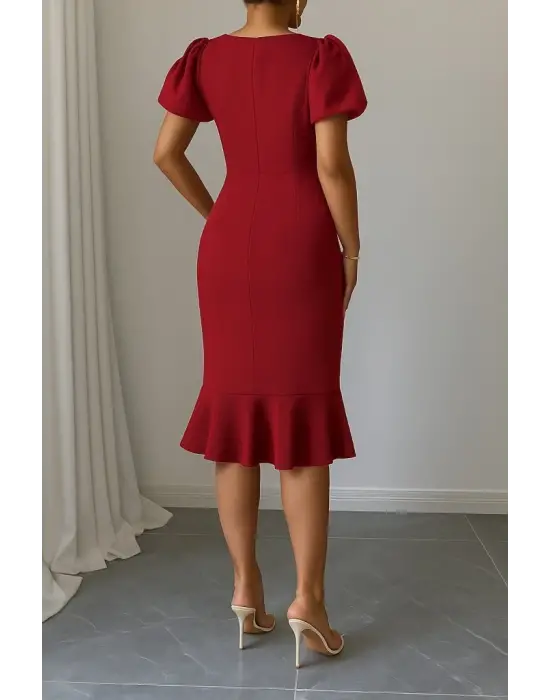 Kadın Kısa Kollu Yuvarlak Yaka Pileli Janjan Krep Elbise