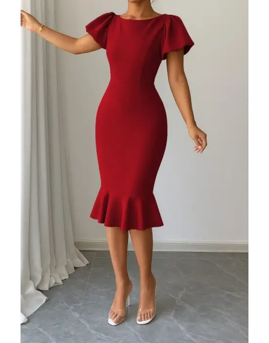 Kadın Kısa Kollu Yuvarlak Yaka Pileli Janjan Krep Elbise