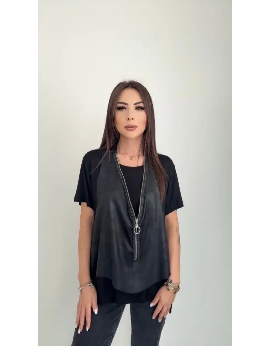 Kadın Kısa Kollu Yuvarlak Yaka Viskon Bluz + Kolsuz Fermuarlı çatlak Deri Yelek