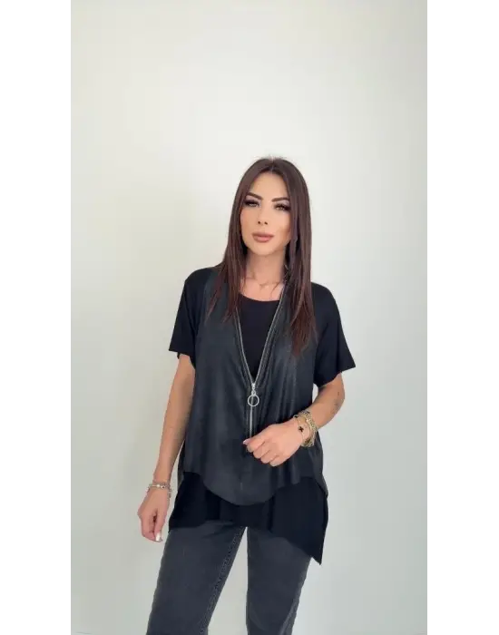 Kadın Kısa Kollu Yuvarlak Yaka Viskon Bluz + Kolsuz Fermuarlı çatlak Deri Yelek