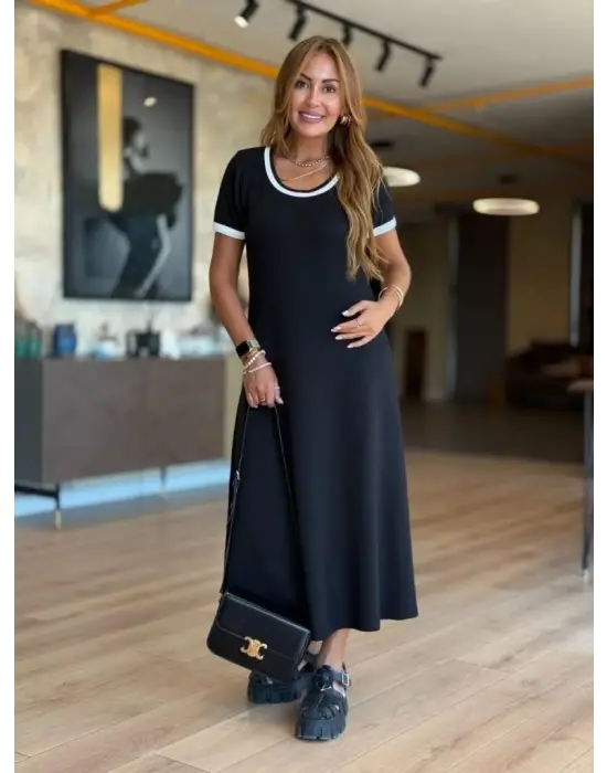 Kadın Kısa Kollu Yuvarlak Yaka Yandan Yırtmaçlı Midi Viskon Elbise