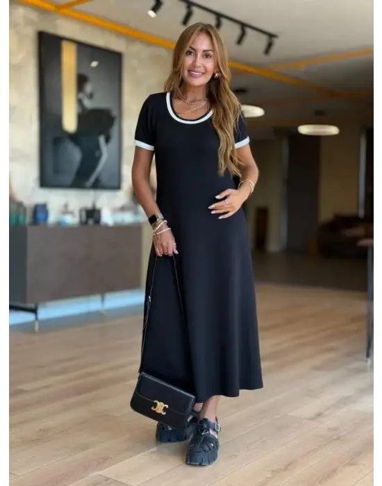 Kadın Kısa Kollu Yuvarlak Yaka Yandan Yırtmaçlı Midi Viskon Elbise