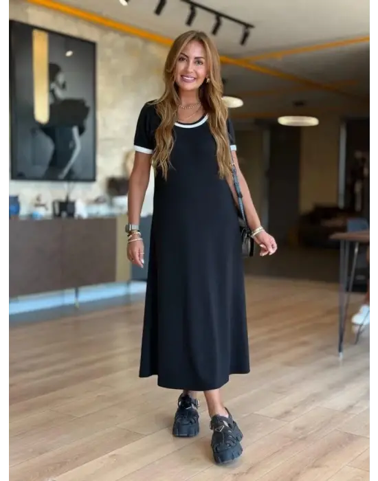 Kadın Kısa Kollu Yuvarlak Yaka Yandan Yırtmaçlı Midi Viskon Elbise