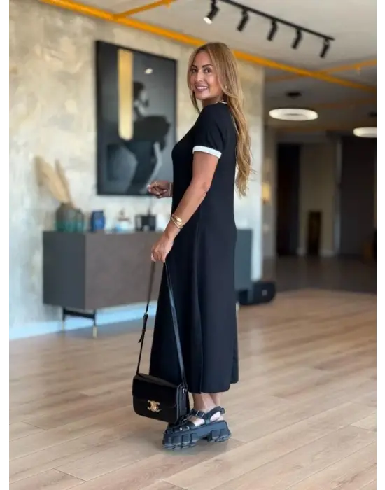 Kadın Kısa Kollu Yuvarlak Yaka Yandan Yırtmaçlı Midi Viskon Elbise