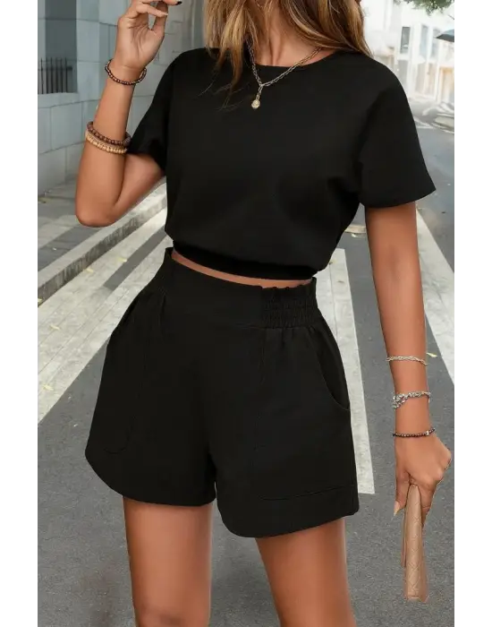 Kadın Kısa Kollu Yuvarlak Yakalı Ithal Keten Bluz Ve Short Ikili Takım