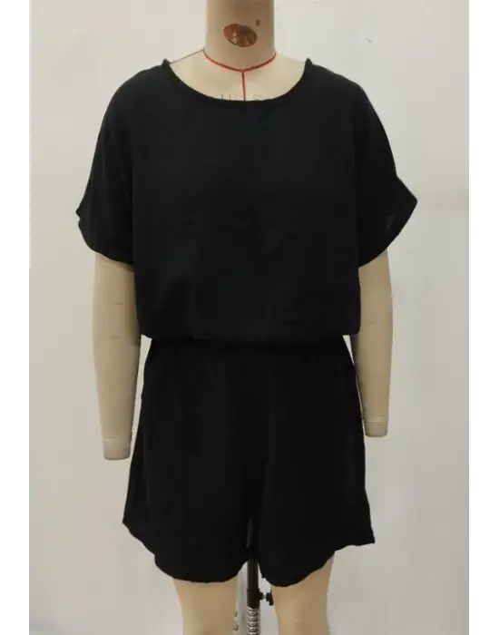 Kadın Kısa Kollu Yuvarlak Yakalı Ithal Keten Bluz Ve Short Ikili Takım