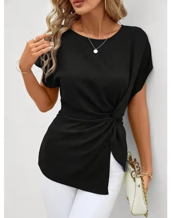 Kadın Kısa Kollu Yuvarlak Yakalı Yandan Sarmal Detaylı Bürümcük Bluz