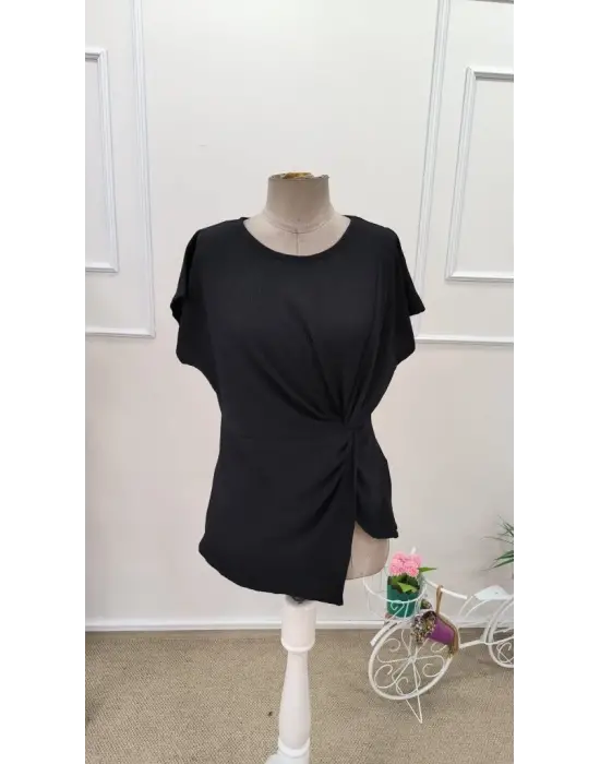 Kadın Kısa Kollu Yuvarlak Yakalı Yandan Sarmal Detaylı Bürümcük Bluz