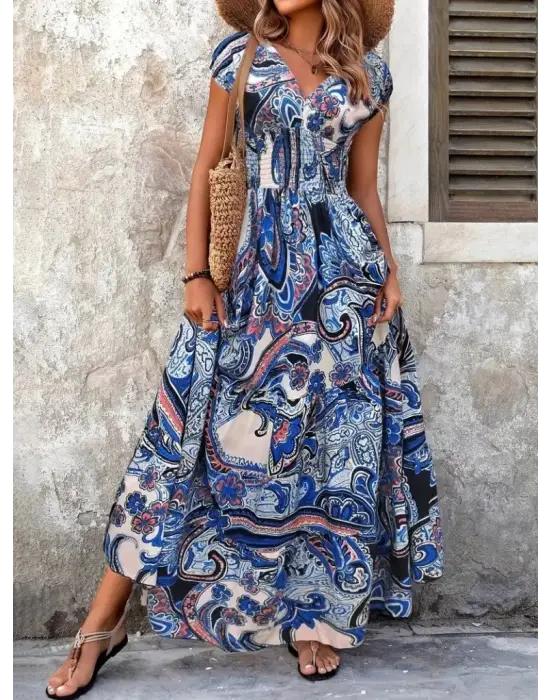 Omarı Şık Kadın Elbisesi | Beli Büzgülü V Yakalı Kısa Elbise