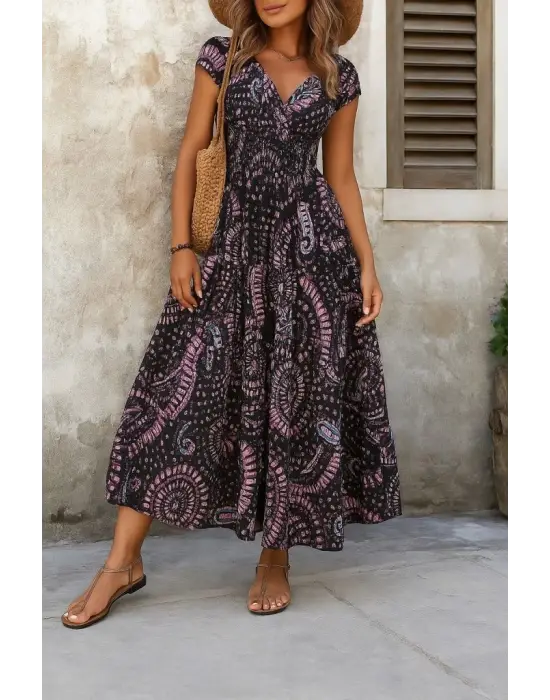 Omarı V Yakalı Yarasa Kollu Kadın Elbise