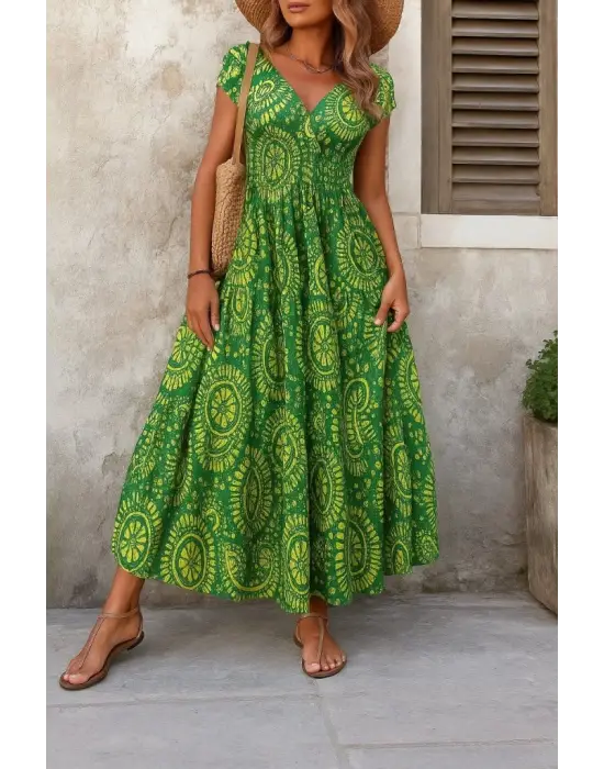 Kadın Kısa Yarasa Kanat Kollu V Yakalı Beli Büzgülü Süprem Elbise