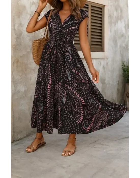 Omarı V Yakalı Yarasa Kollu Kadın Elbise