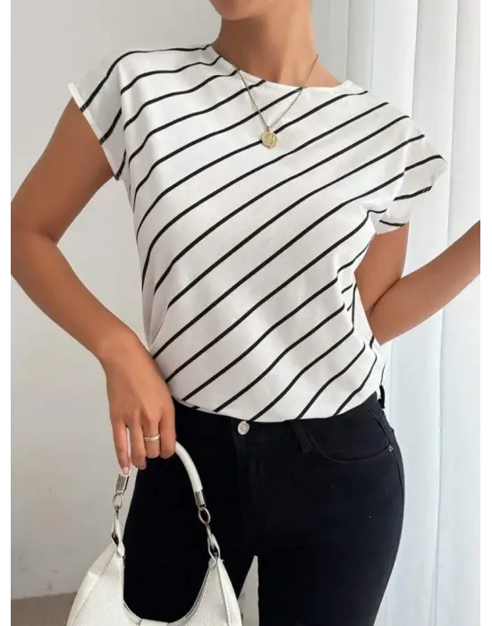 Kadın Kısa Yarasa Kollu Bisiklet Yaka çizgi Desenli Atlas Bluz