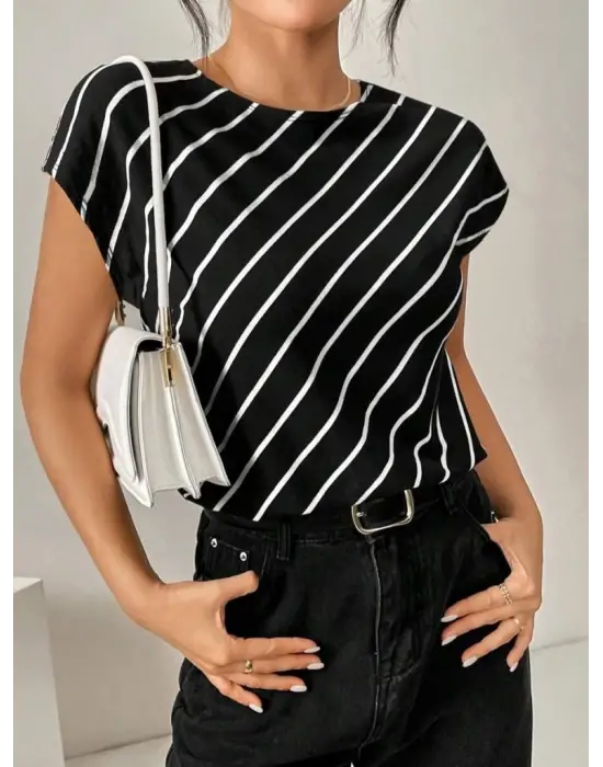 Kadın Kısa Yarasa Kollu Bisiklet Yaka çizgi Desenli Atlas Bluz