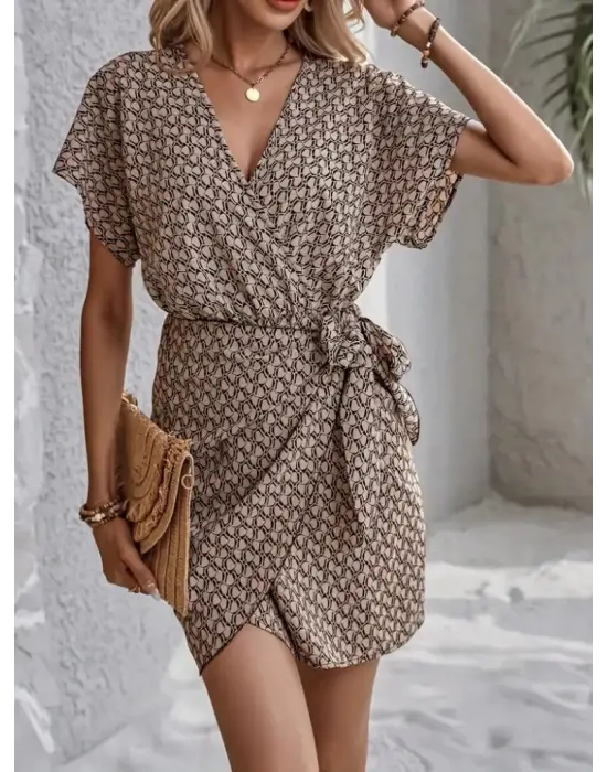 Omarı Önden Bağlamalı Desenli Süprem Elbise