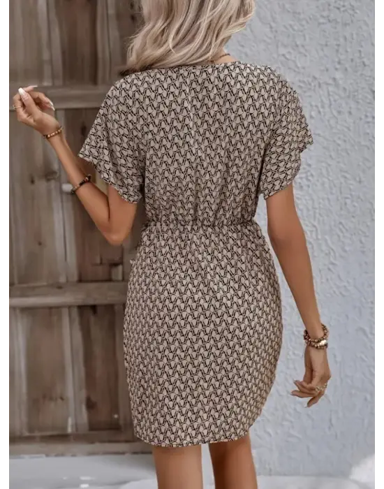 Kadın Kısa Yarasa Kollu önden Kruvaze Yaka Detaylı önden Bağlamalı Desenli Süprem Elbise