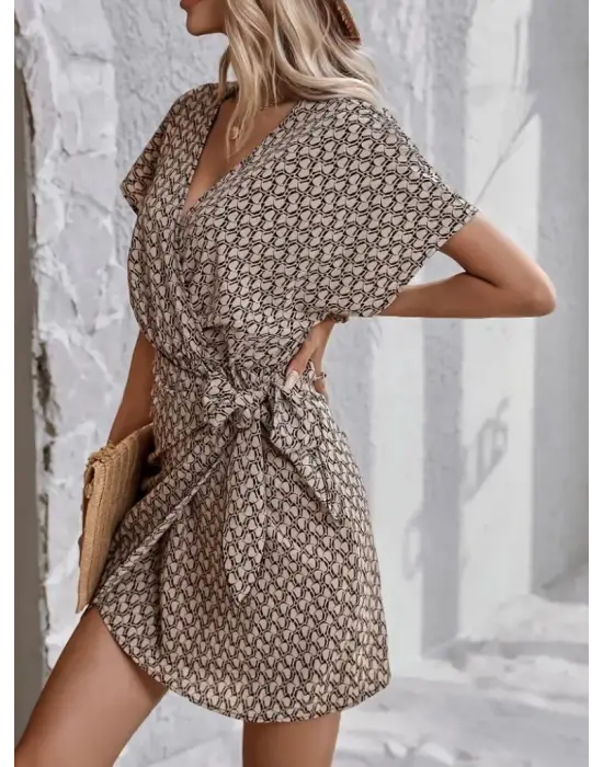 Omarı Önden Bağlamalı Desenli Süprem Elbise