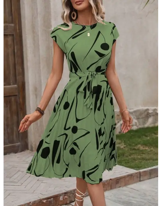 Kadın Kısa Yarasa Kollu Yuvarlak Yaka Beli Büzgülü Süprem Elbise