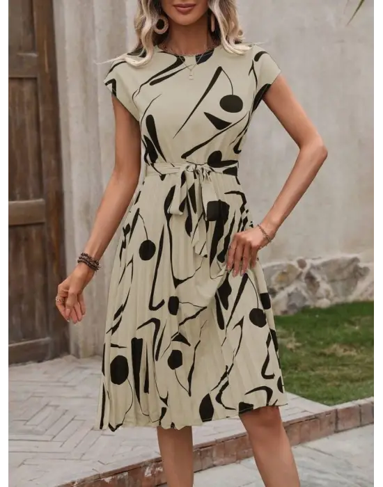 Kadın Kısa Yarasa Kollu Yuvarlak Yaka Beli Büzgülü Süprem Elbise