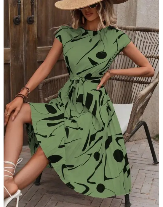 Kadın Kısa Yarasa Kollu Yuvarlak Yaka Beli Büzgülü Süprem Elbise