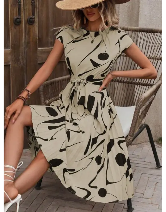 Kadın Kısa Yarasa Kollu Yuvarlak Yaka Beli Büzgülü Süprem Elbise