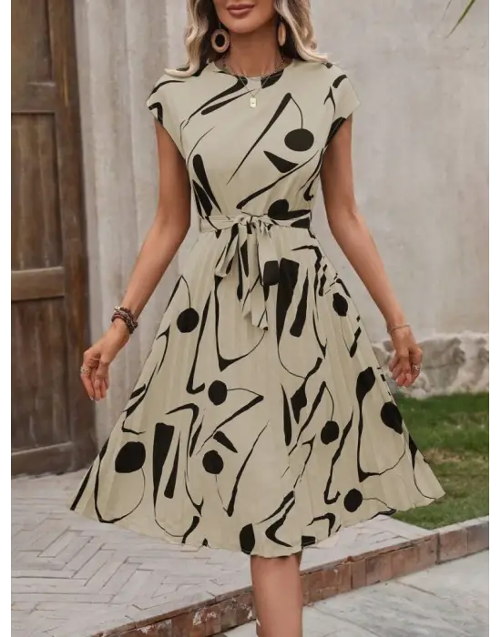 Kadın Kısa Yarasa Kollu Yuvarlak Yaka Beli Büzgülü Süprem Elbise