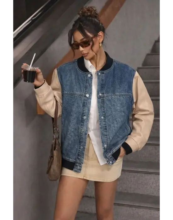 Kadın Kolları Deri Detay Bomber Kot Ceket