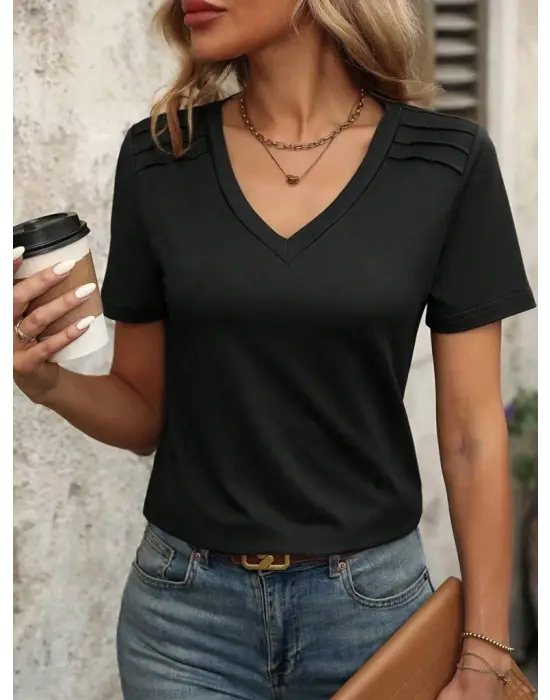 Kadın Kollu V Yakalı Omuzlarda çizgi Detaylı Viskon Bluz