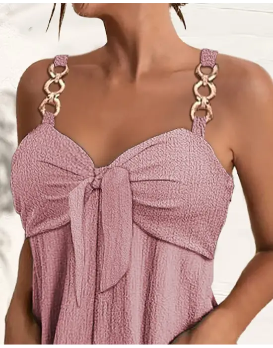 Kadın Kolsuz Askı Aksesuarlı önü Bağlama Detay Salopet şort Tulum