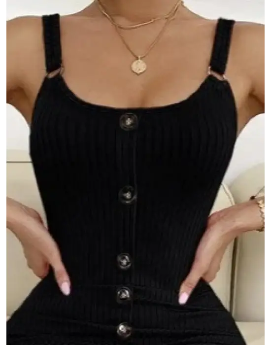 Kadın Kolsuz Askı Halka Detay önü Düğmeli Midi Boy Yırtmaçlı Fitilli Kaşkorse Elbise