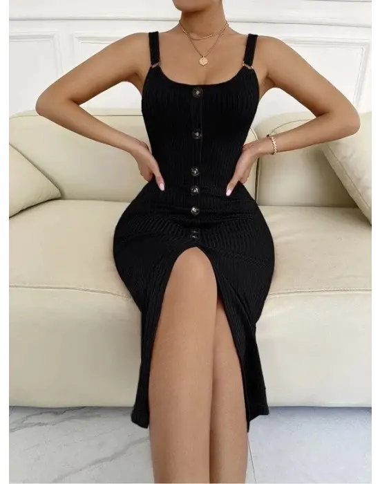 Kadın Kolsuz Askı Halka Detay önü Düğmeli Midi Boy Yırtmaçlı Fitilli Kaşkorse Elbise