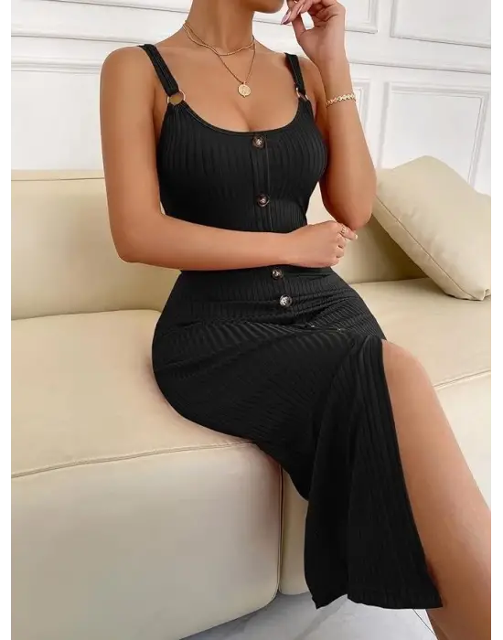 Kadın Kolsuz Askı Halka Detay önü Düğmeli Midi Boy Yırtmaçlı Fitilli Kaşkorse Elbise