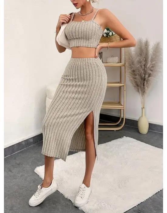 Kadın Kolsuz Askılı Crop Yırtmaçlı Midi Etek Fitilli Kaşkorse Takım