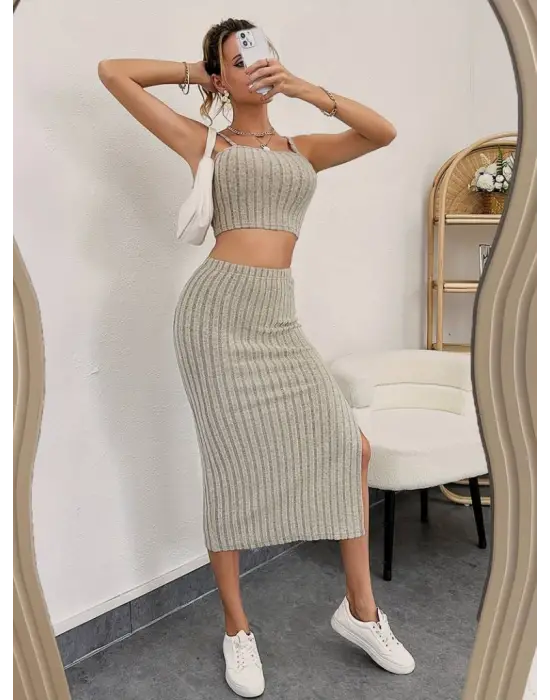 Kadın Kolsuz Askılı Crop Yırtmaçlı Midi Etek Fitilli Kaşkorse Takım