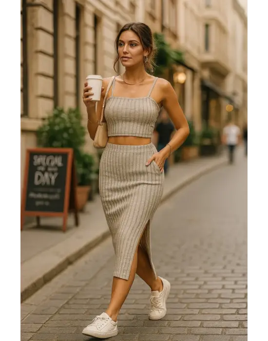 Kadın Kolsuz Askılı Crop Yırtmaçlı Midi Etek Fitilli Kaşkorse Takım