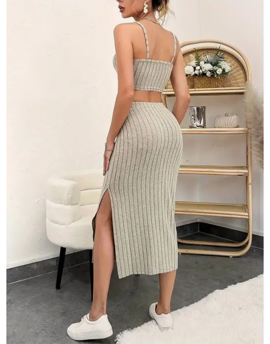 Kadın Kolsuz Askılı Crop Yırtmaçlı Midi Etek Fitilli Kaşkorse Takım