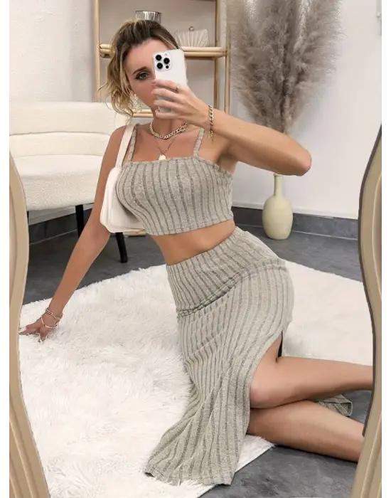 Kadın Kolsuz Askılı Crop Yırtmaçlı Midi Etek Fitilli Kaşkorse Takım