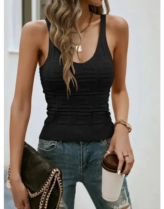 Kadın Kolsuz Askılı Geometrik Desen Bluz