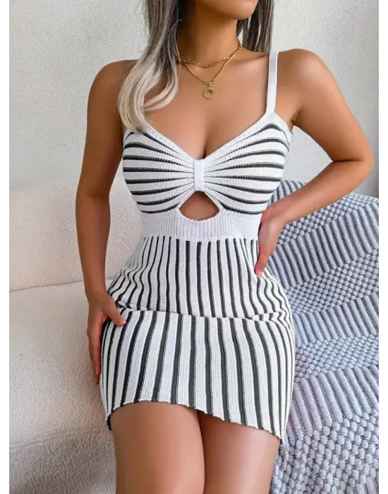 Omarı Şerit Desenli Mini Triko Elbise