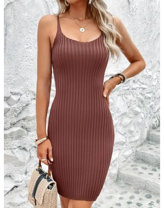 Kadın Kolsuz Askılı Poliyelit Triko Fitilli Mini Elbise