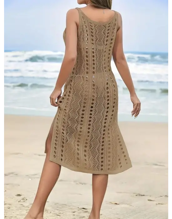 Kadın Kolsuz Askılı Yan Yırtmaç Detay Triko Midi Boy Elbise