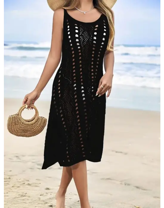 Kadın Kolsuz Askılı Yan Yırtmaç Detay Triko Midi Boy Elbise